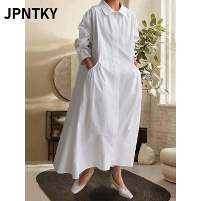 JPNTKY Fashion Summer Spring Solid Color Print Long Sleeve POLO Neck Casual Dresses