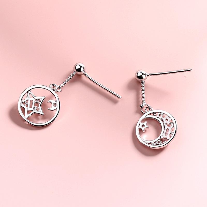 925 Sterling Silver Big Round Star Moon Statement Dangle Earrings For Women Lady Fashion Jewelry Pendientes Mujer Moda