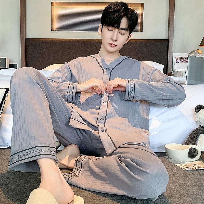 Spring Autumn Men Pajamas Soft Long Sleeves Long Pants Pijamas Man Home Wear V-neck Fashion Man Loungewear