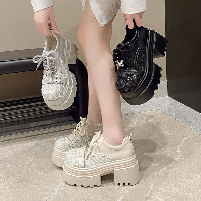 New leather sequined cloth thick sole thick heel lace-up low-top shoes single shoes round head women's shoes