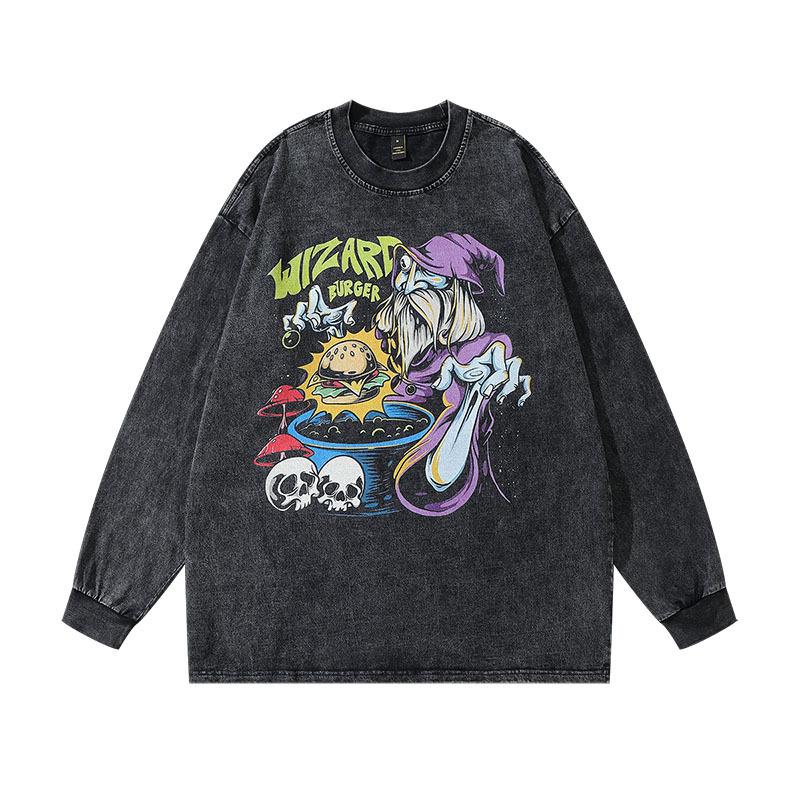 Autumn New American Vintage Hip-Hop Trendy Brand Cartoon Printing Casual Loose Couple Long-Sleeved T-Shirt Men And Women