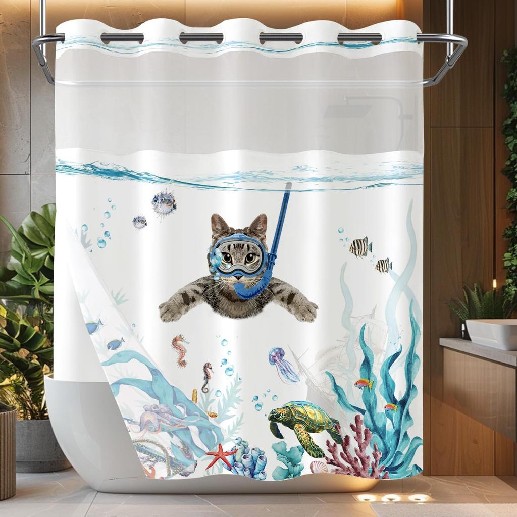 Galactic Cat Astronaut Waterproof Shower Curtain - Space Adventure with Dinosaur Ride for a Fun and Quirky Bathroom Decor