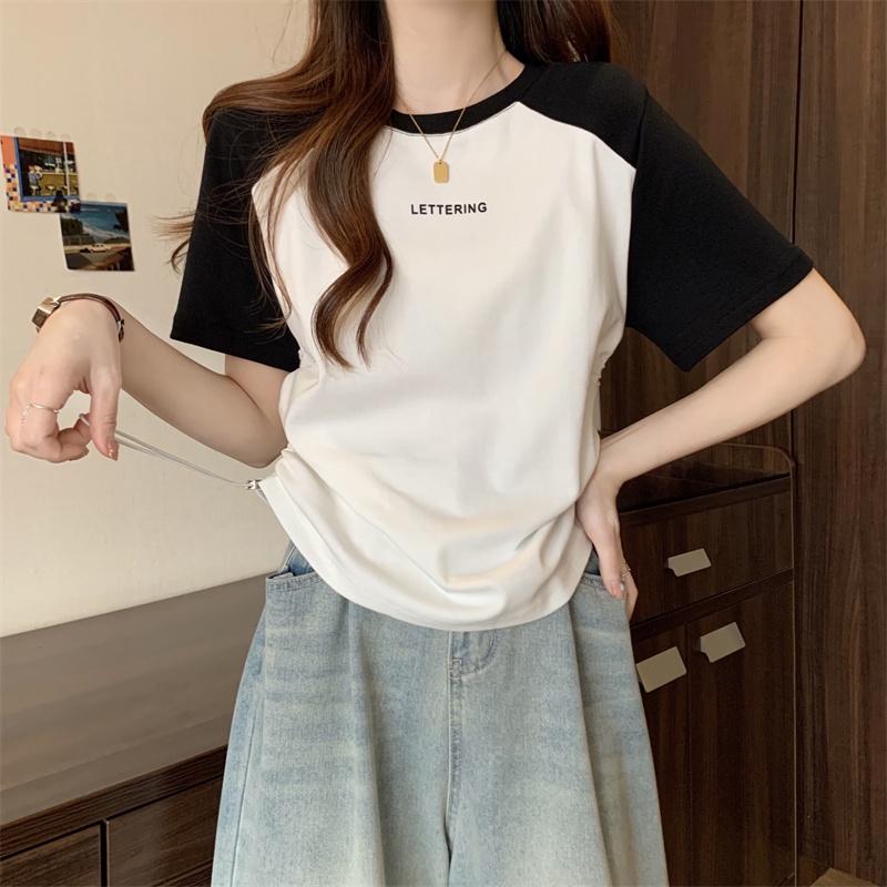 Damen Raglanärmel T-Shirt Buchstabendruck Kordelzug Raffung Lässig Kurzarm Crop Top für den Sommer