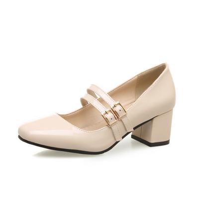 New Belt Buckle Shallow Spring and Autumn Single Shoes Thick Heel Medium Heel Professional Shoes
