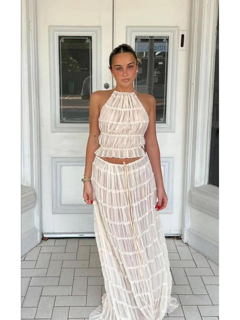 2024 Spring/Summer European & American Fashion Backless Halter Lace Ruffle Maxi Dress Set