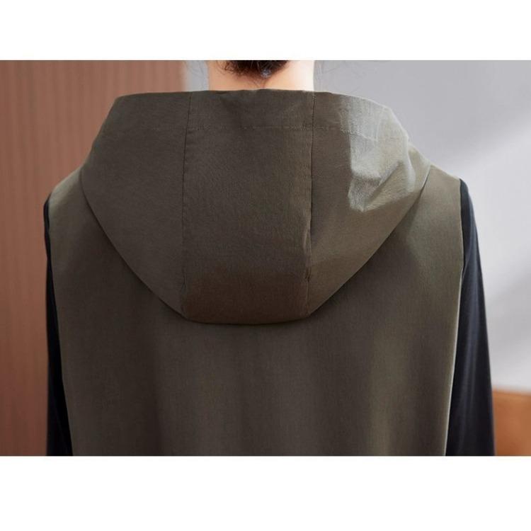 Modische Freizeitkleidung für Damen: Herbst Koreanischen Stil Mit Kapuze Farbblock Patchwork Langes Kleid