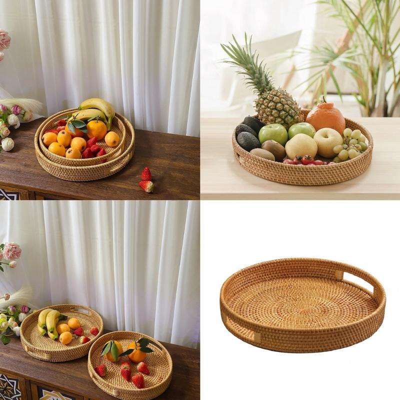Multipurpose Handcrafted Fruit Rattan Tray Round Wicker Designs with Convenient Handles Convenient for Kitchen Use
