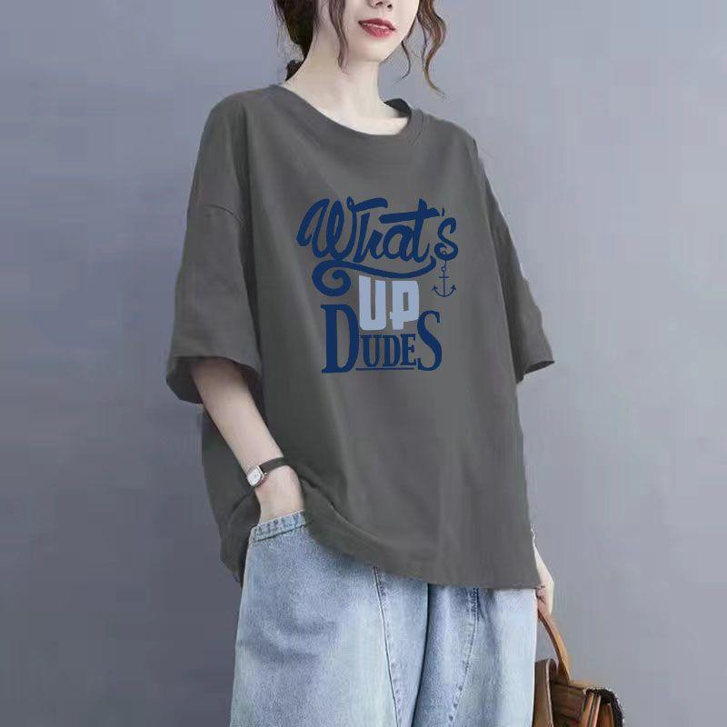 Tops Women Cotton Summer Large Size T-shirt Polo Neck Loose Printed Casual Pullover T-shirt Top