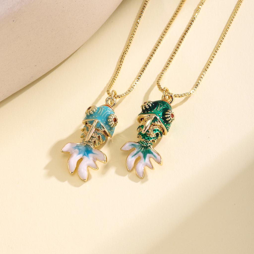 Nidin Cute Enamel Crystal Zircon Koi Fish Pendant Necklace Vintage Goldfish Chain Choker Lucky Animal Jewelry For Women Girls