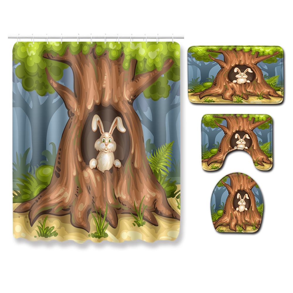 Healing Tree Hole Bathroom Shower Curtain Floor Mat Toilet Cover Foot Mat Four-Piece Pattern Size