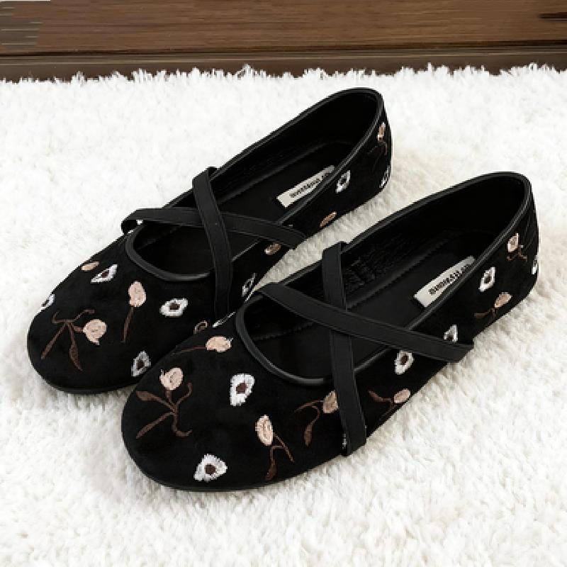 Novelty Suede Embroidery Ballet Flats Women Fashion Round Toe Soft Sole Elegant Mary Jane Shoes Comfort Outdoor Shoes