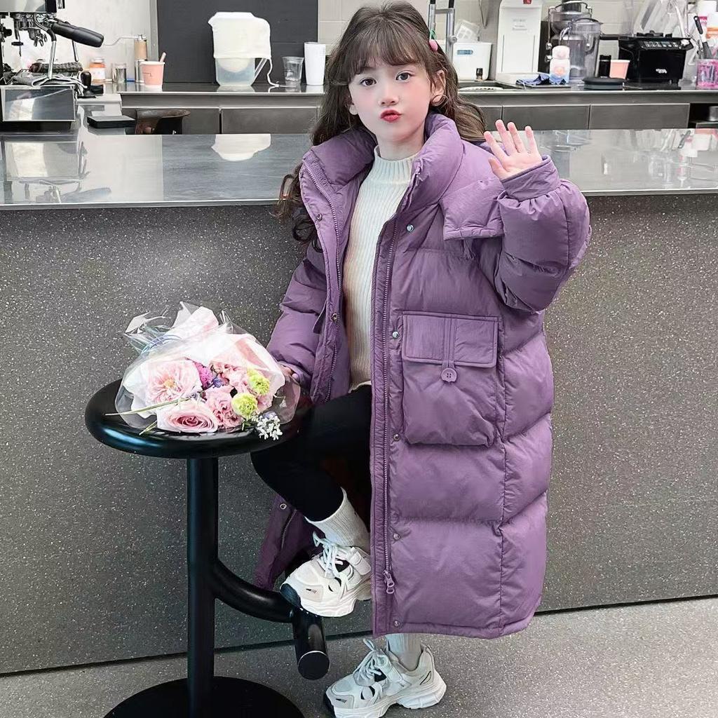 Girls Long Down Cotton Coat Over Knee Baby Winter Cotton Coat Fashionable Hooded Cotton Jacket