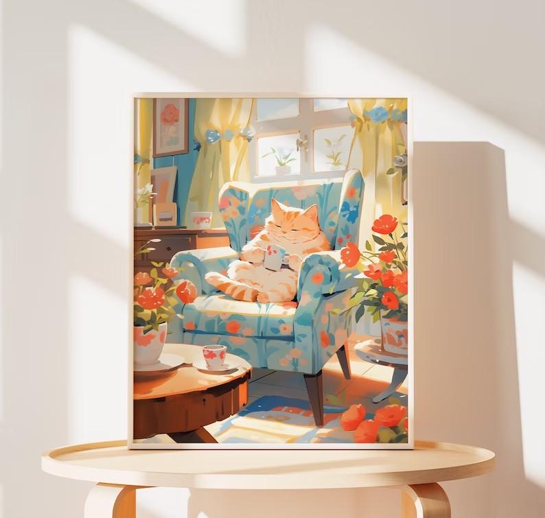 

Скандинавські Милі Коти П ють Каву Принти Тварини Пейзаж Плакат для Дитячої Кімнати Полотно Картина Різдвяний Подарунок Картинки Домашнього Декору 21x30cm No Framed