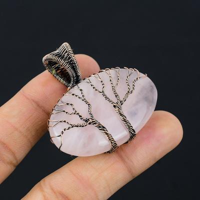 Dvojitý strom života Rose Quartz drahokam Medený drôtik Ručne vyrobený prívesok Šperky na svadobný dar