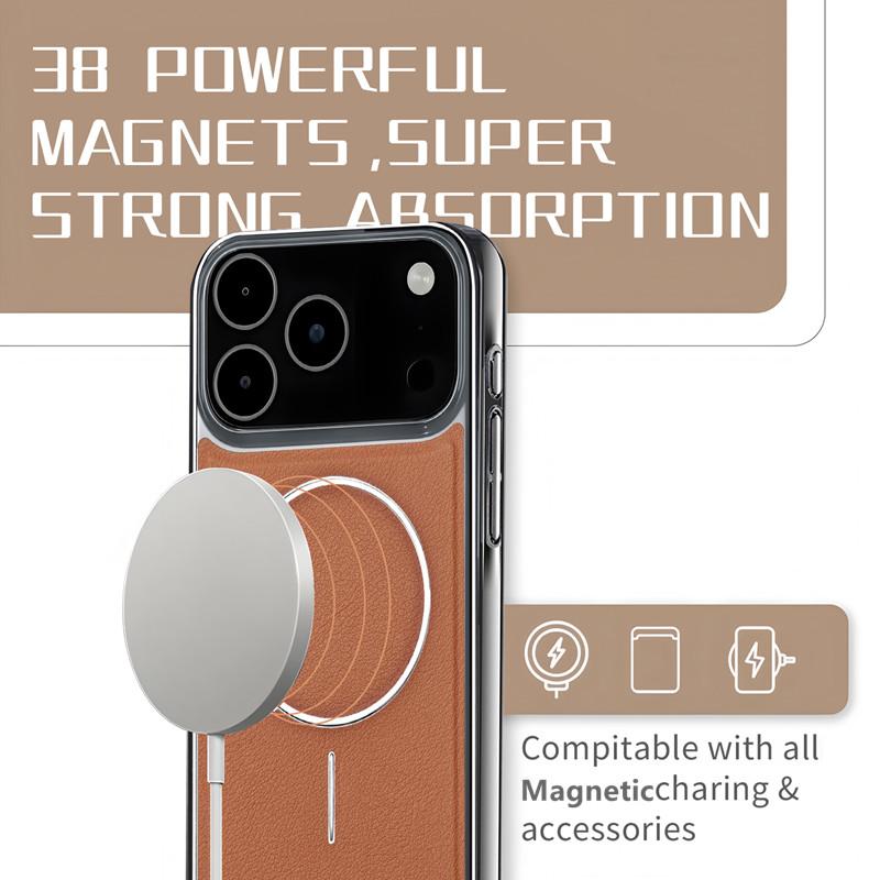 Brown Leather Magnetic Charging Phone Case For iPhone 17 12 13 14 15 16 Pro Max Air Luxury Plating Ultra Thin Shockproof Cover