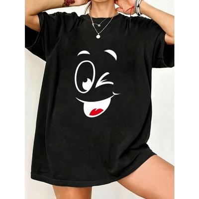 Oversized T Shirt Black Cartoon Face Print Casual Wear For Women Summer Outfit Streetwear Fashion Top