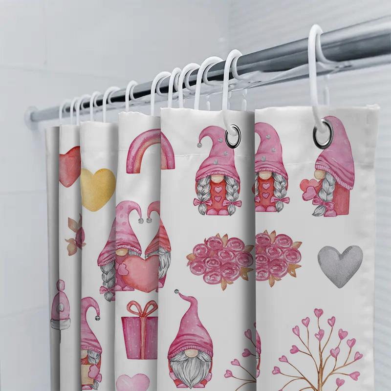 Watercolor Gnomes Shower Curtain With Valentine'S Day Decor Pink Gnome Family Love Heart Design For Bathroom Decoration