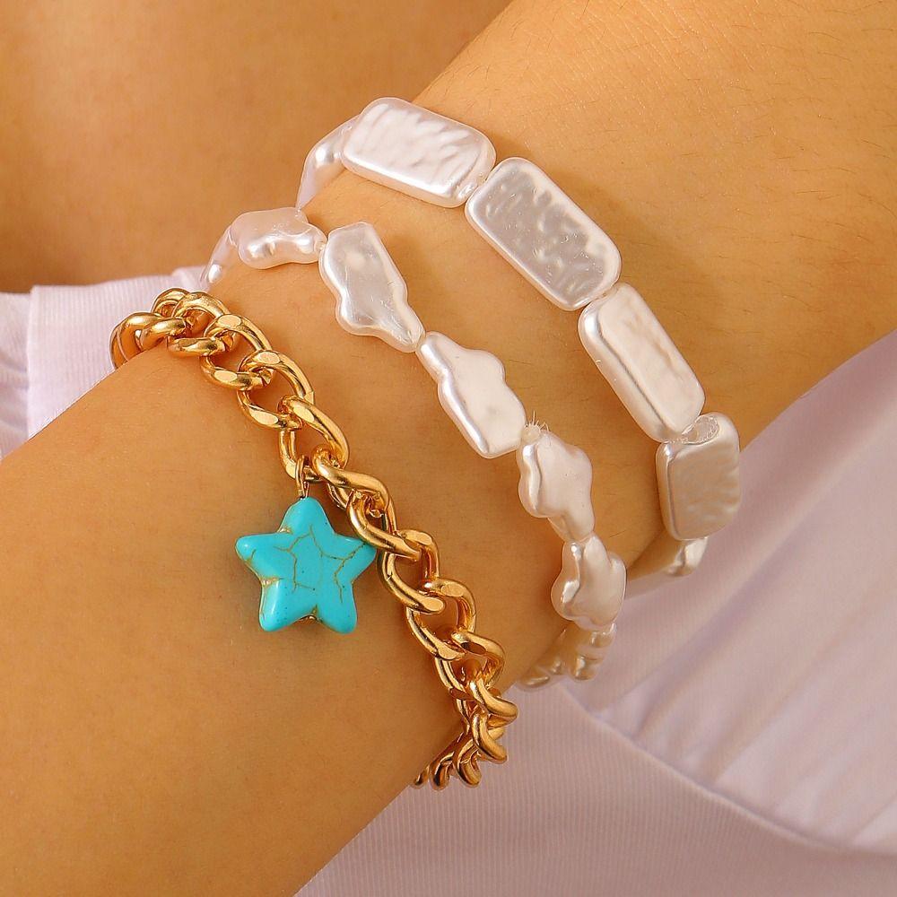 Beads Turquoise Bracelet Set Pearl Bohemian Style Hand Chain  Holiday