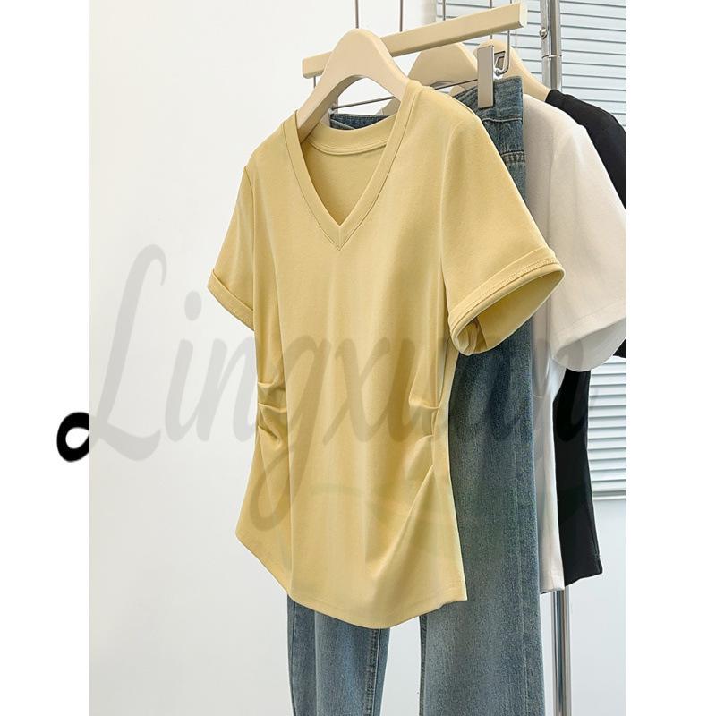 

2026 Summer Plus Size Women s V-neck Waist-cinching Slimming Short-sleeved T-shirt 2XL жовтий