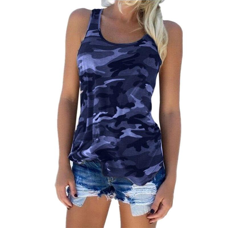 

Womens Sleeveless Ladies Camo Vest Tops Summer Sports Gym Casual Tank Top Shirts Navy,M