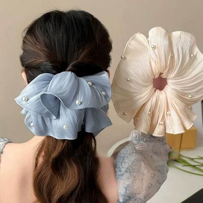 High-End Super Fee Imitationsperlen Netz Stirnband mit plissierter Textur, florales Haarband, Zopf-Accessoire