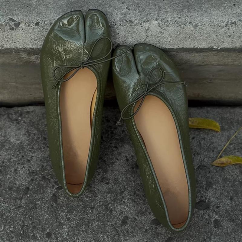 Cowhide Version~ Retro Niche Bow Split-toed Shoes Flat Ballet Shoes Women's Spring and Autumn Versatile Single Shoes