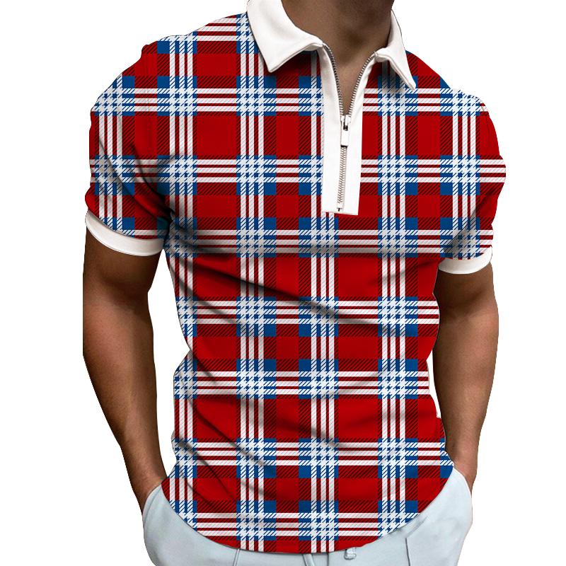 Men's Plaid Striped Print Business Casual Breathable Stretch Short Sleeve Zipper POLO Shirt