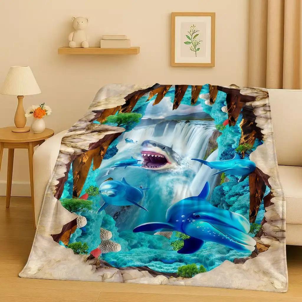 New 3D Illusion Underwater World Breaking Wall Flannel Blanket,Ultra Soft Warm Plush Throw for Home Bedroom Bed Sofa Cover Gift