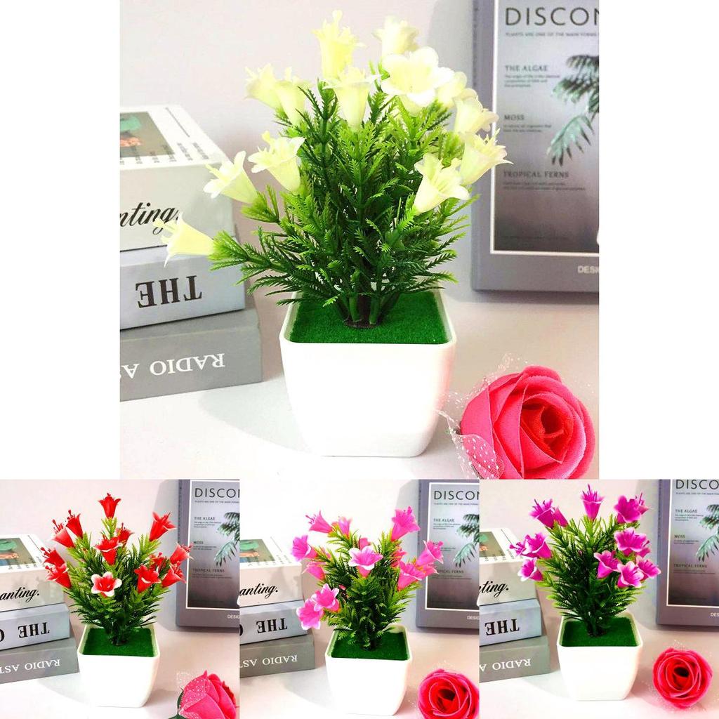 Plastic Potted Faux Flowers Collection With Lilies Roses And Cones For Home Decoration