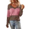 Women's Loose V-Neck Long Sleeve Colorblock T-Shirt Button Long Sleeve