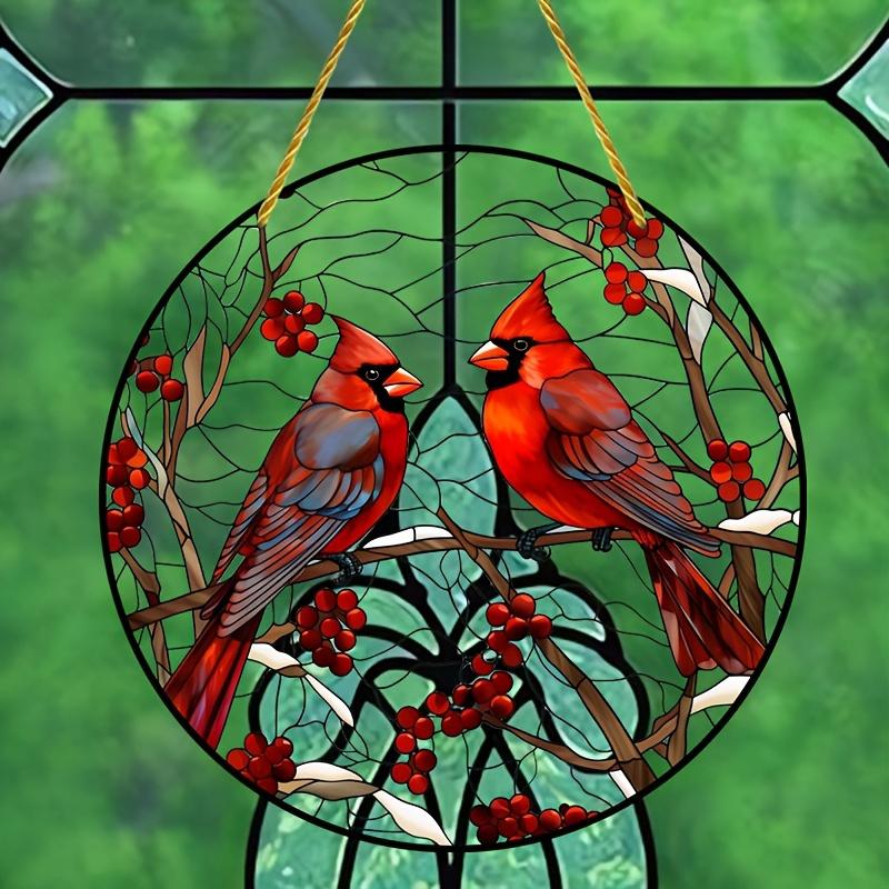 2D Flat Charming Style Round Acrylic Cardinal Bird Decoration Sign, Home Decor Plaque Hanging Wall Art Decorative Garden Decoration for Room Door Sign