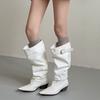 Niche Design Pointed Belt Buckle Knight Stacking Boots Women'S Thick Heel High Boots Pleated Leather Boots