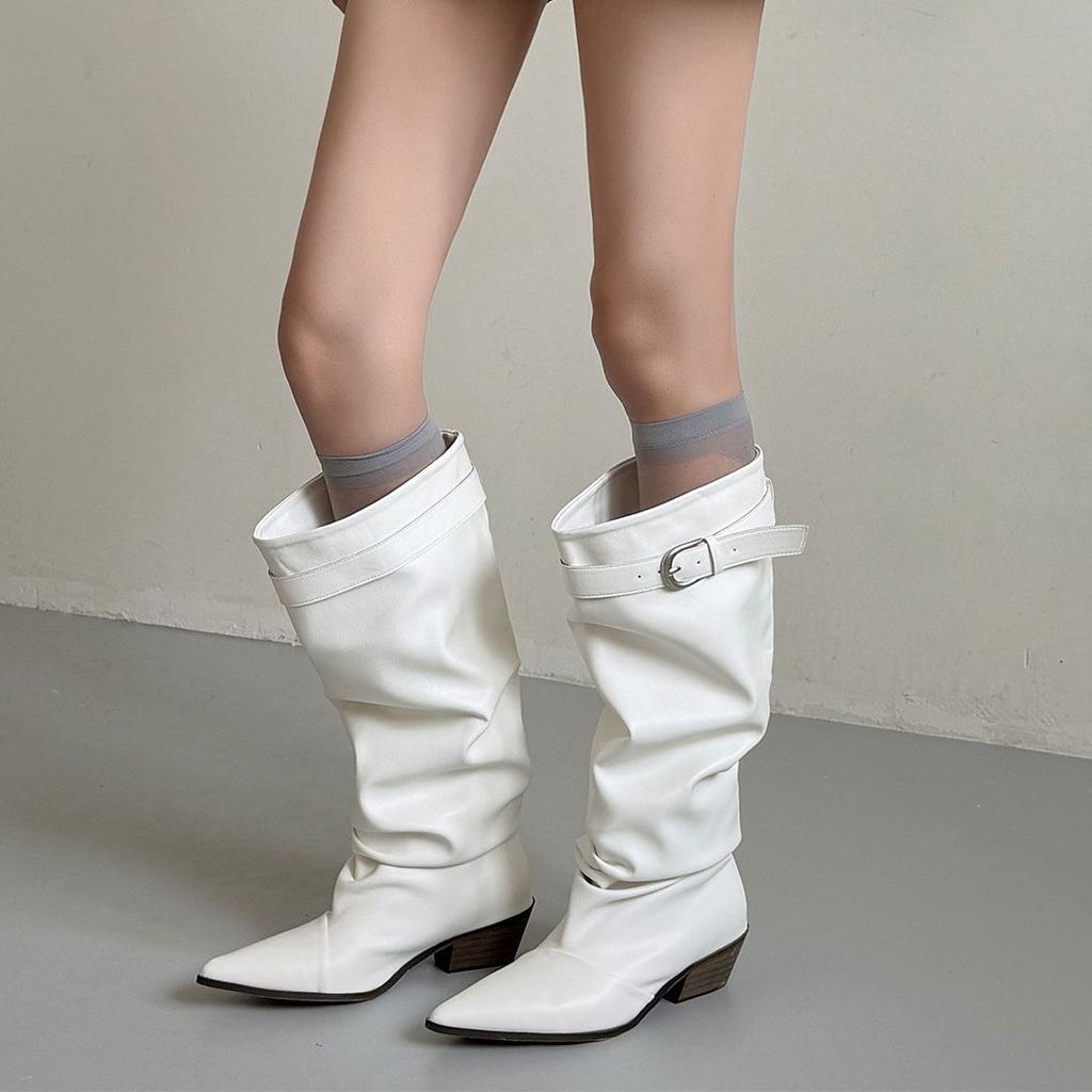 Niche Design Pointed Belt Buckle Knight Stacking Boots Women'S Thick Heel High Boots Pleated Leather Boots