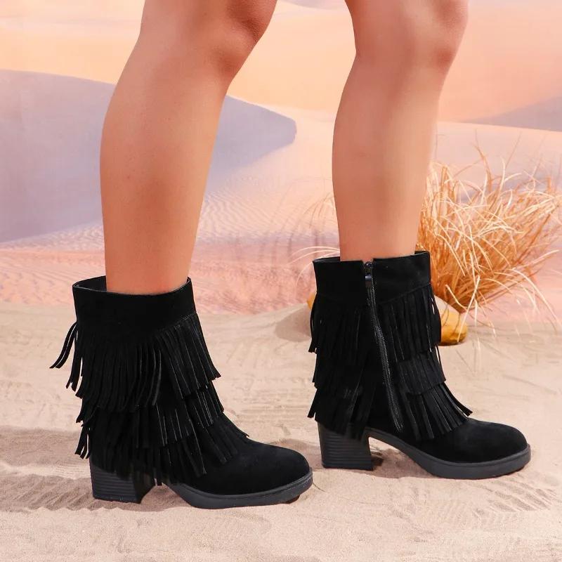 2024 New Fashionable and Versatile Winter Warm Women's Boots Solid Color Round Toe Tassel Decoration and Comfortable Zapatos