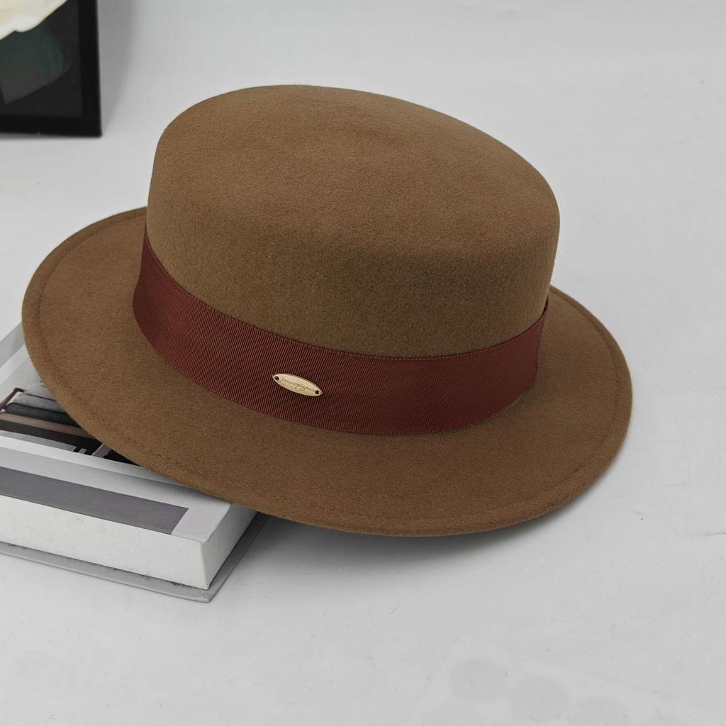 New French retro flat-top woolen top hat women's autumn and winter British versatile fashion wide-brimmed hat simple