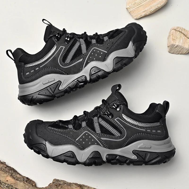 Fashion Classic Soft Leather Lace-up Lightweight Mountaineering Shoes Outdoor Antiskid Sneakers Mens Casual Leather Thick Bottom Shoes