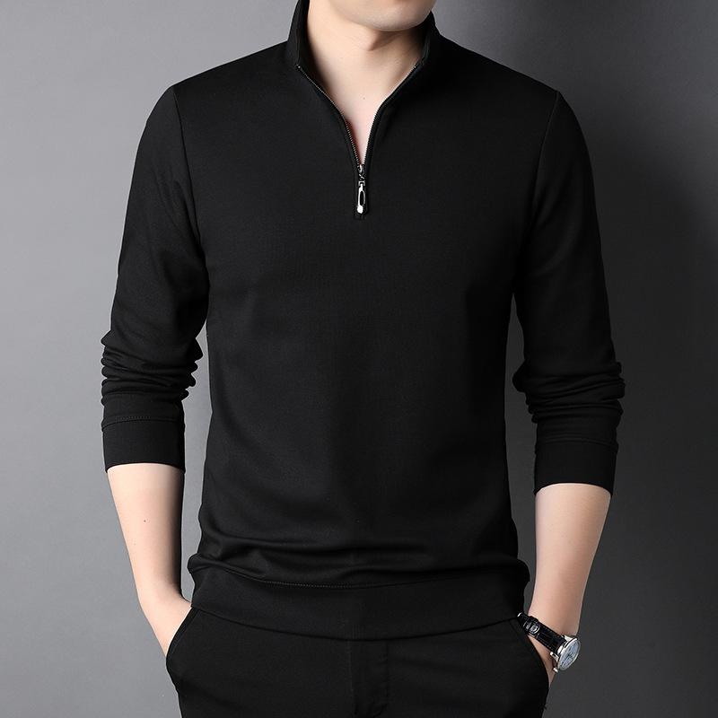 

Autumn Men s Long-sleeved T-shirt Middle-aged Fashion Casual Stand-up Collar Zipper Solid Color Bottoming Top XXXXL чорний