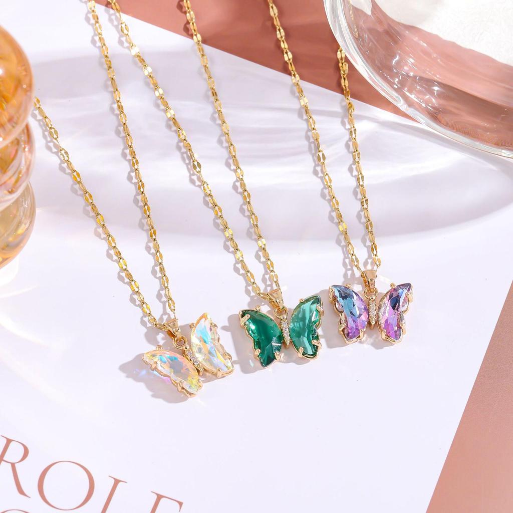 Iridescent Gradient Butterfly Necklace with Zirconia Rhinestones - Titanium Steel Clavicle Chain Pendant.