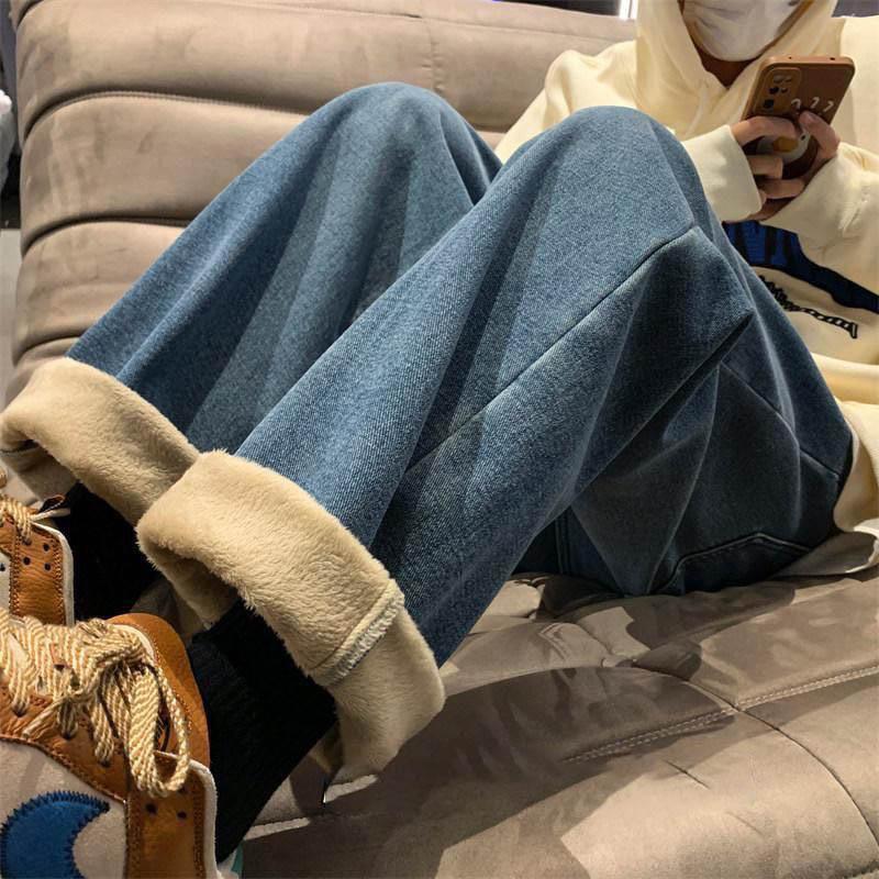 Streetwear Vintage Fleece Lined Thickened Washed Jeans Women Y2K High Waist Loose Straight Trousers Casual Jeans