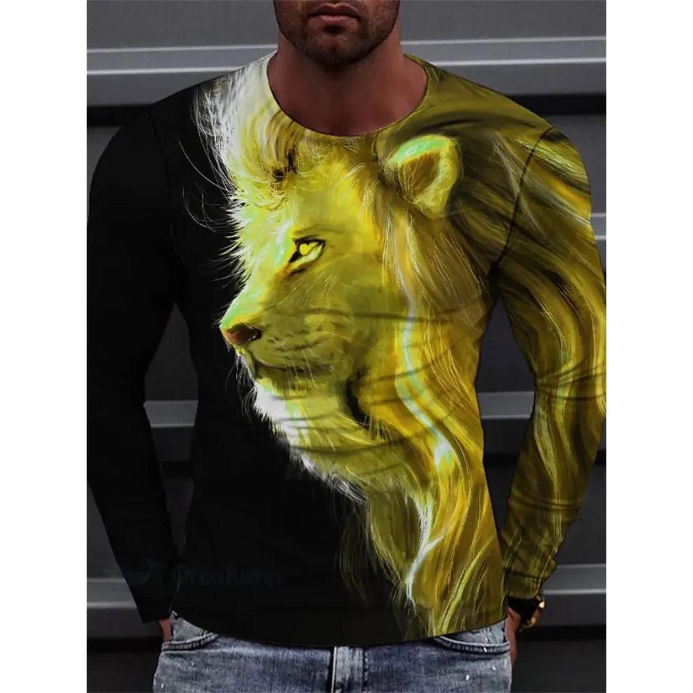 Spring and Autumn Round Neck Lion Pattern 3D Printed Top Fashionable Casual Long Sleeved Men's T-shirts