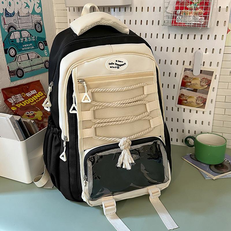 Nylon Backpack For Teens With Colorful Splicing And Letter Pattern For Daily Use