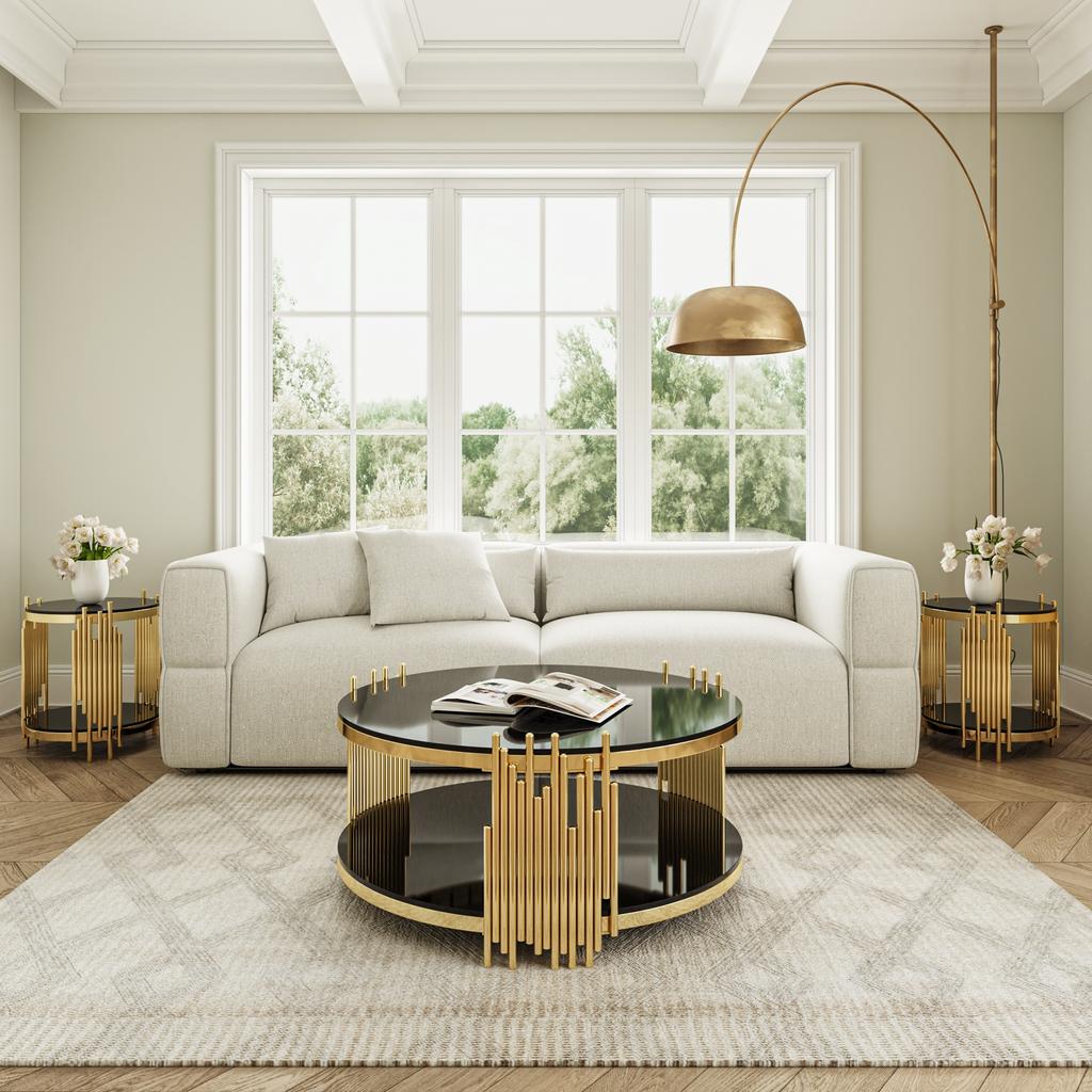 Modern Black Glass Coffee Table,Luxury Living Room Tables with Double Glass Top,Round Coffee Table with Golden Steel Base