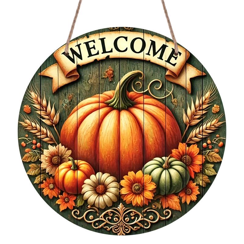 2D Flat, 1pc Aluminum Pumpkin Wreath Welcome Sign And Hanging Decor, Autumn And Thanksgiving Hanging Decoration, Suitable for Fall Harvest Greeting