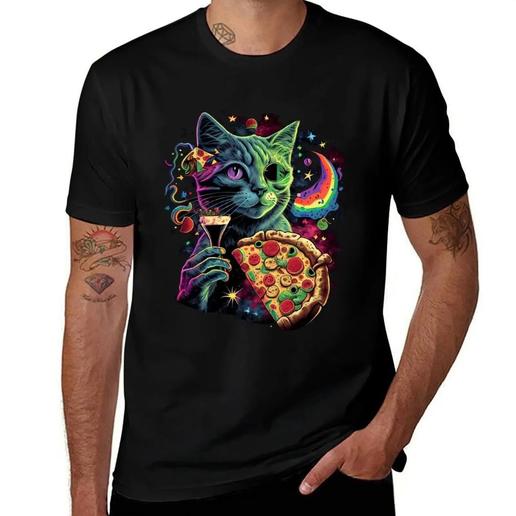 Psychedelic Cosmic Cat Drinking Cocktail Holding Pizza Slice Graphic Tee Shirt Unisex Trip Style