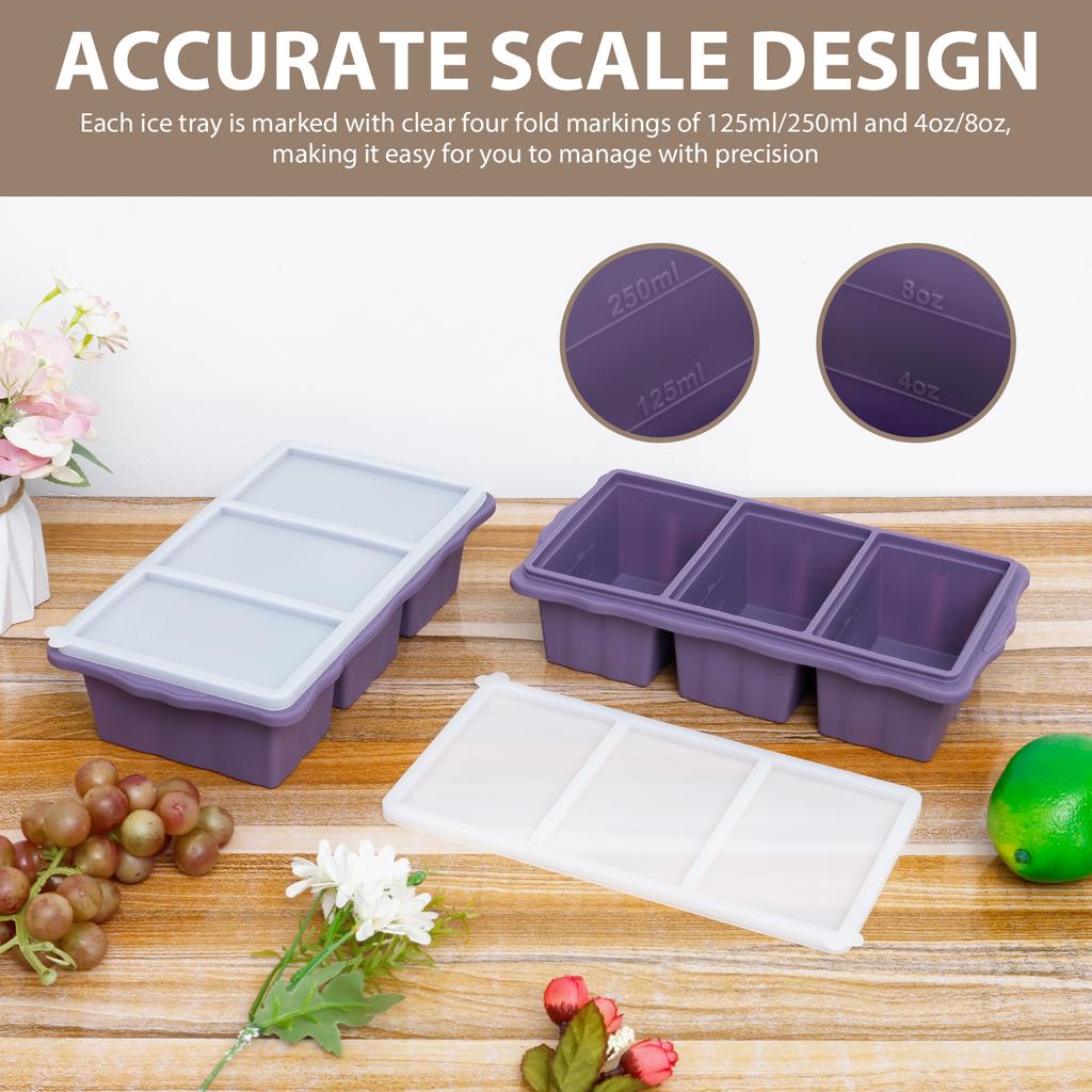 2Pcs 3 Grid Silicone Freezer Tray Food Freezer Container with Lid Soup Reusable Sauce Cube Mold Kitchen Accessories 1 Cup/250 Ml