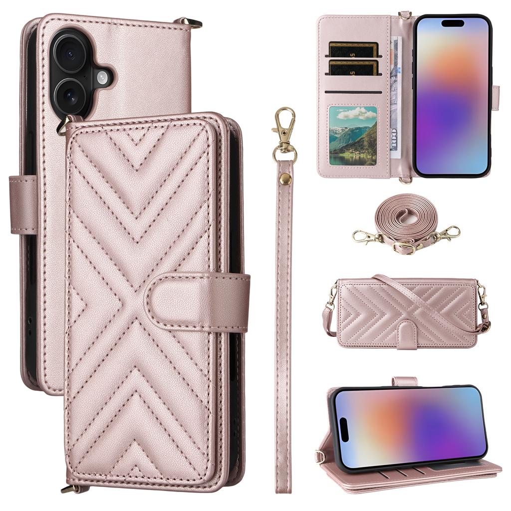 For iPhone 17 Case with Shoulder/Wrist Strap Leather Phone Cover Stand Wallet