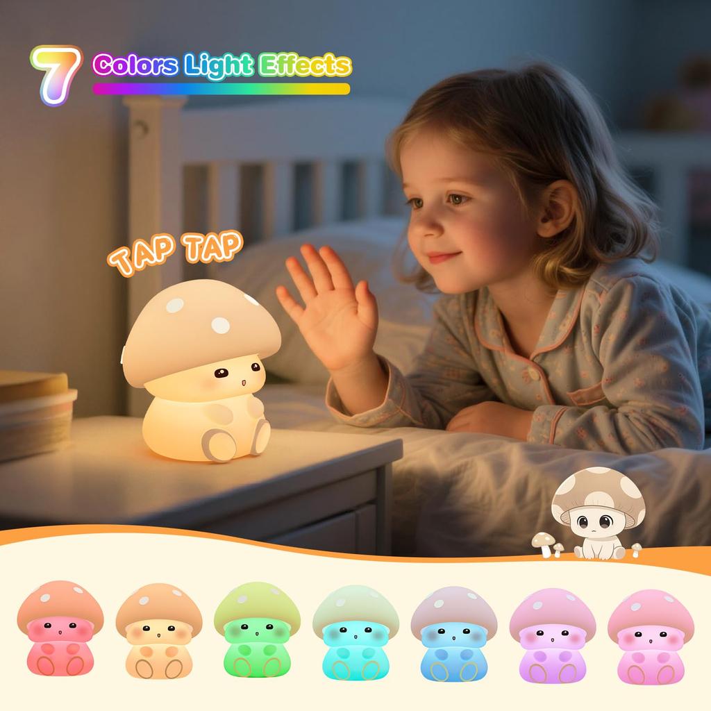 Silicone Night Light - Cute Mushroom Nursing LampNight Light, USB Rechargeable, 1200 mAh High Capacity, 3-Level Dimming, 14 RGB Colors, Timer,