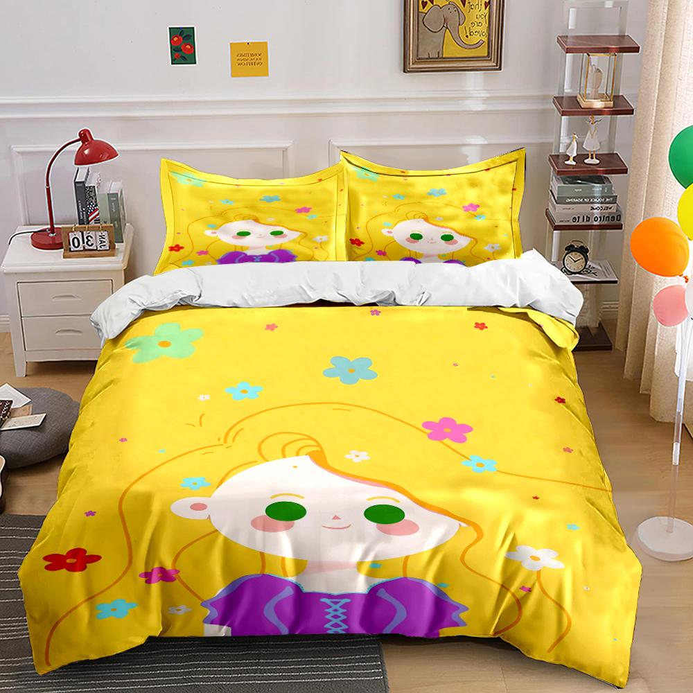 Golden Bedding Set with Cute Cartoon Girl Bedding set (1 duvet cover, 2 pillowcases, duvet not included)