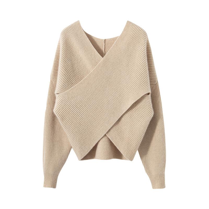 

Осенне-зимний женский пуловер, французский ретро, с V-образным вырезом крест-накрест, рукавами летучая мышь, свободный вязаный свитер-топ One size хаки