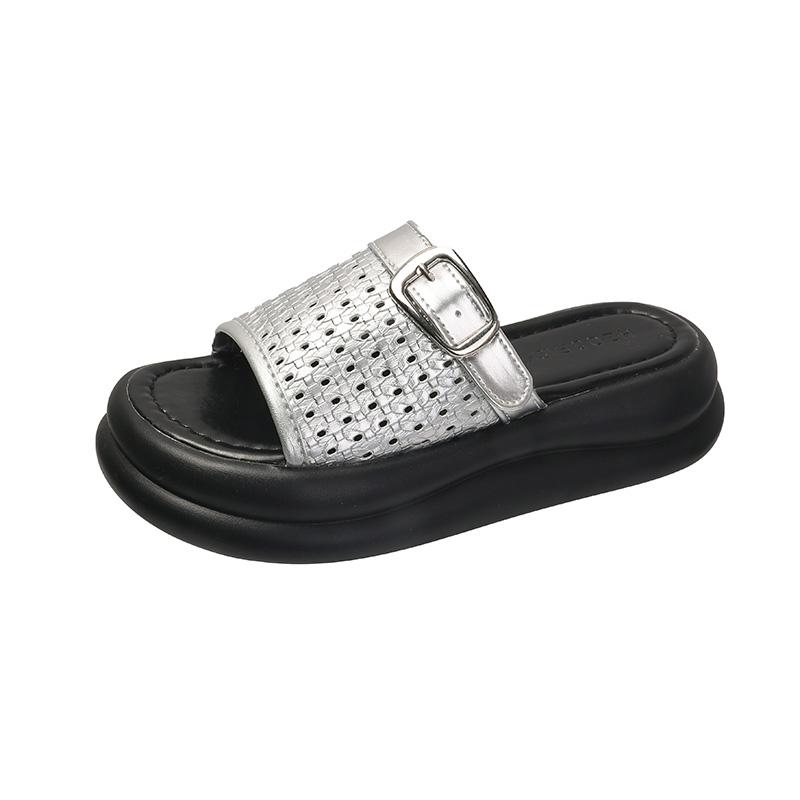 Fashion Wear Slippers Outside Women's Summer New Round Toe Open Toe Platform Hollow Metal Buckle Strap with Skirt Non-slip Flip-flops